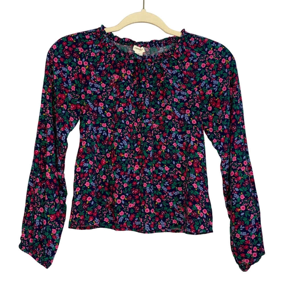 Crewcuts Girls Floral Print Long Sleeve Ruffle Neck Top Size 12 Navy‎ Pink Green